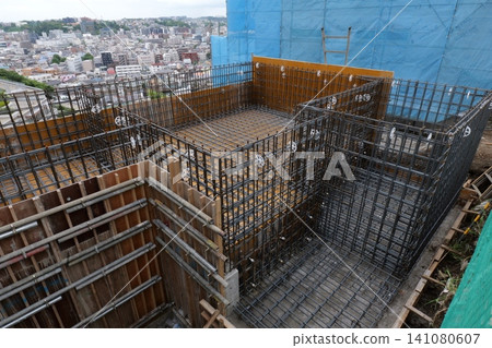 Reinforcement Steel Installation for House Foundation in Japan Reinforcement Steel Installation for House Foundation in Japan 141080607