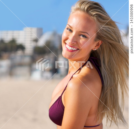 Beach, portrait and happy woman in swimsuit for travel, holiday and summer vacation in Maldives. Bikini, smile and face of female person for relax, outdoor adventure or tourist getaway at seashore Beach, portrait and happy woman in swimsuit for travel, holiday and summer vacation in Maldives. Bikini, smile and face of female person for relax, outdoor adventure or tourist getaway at seashore 141080906
