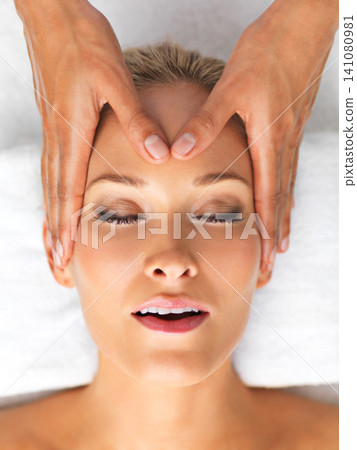 Closeup, beauty or treatment as head, massage or luxury in spa, therapy or mental heath as self care. Woman, hand or relax on zen, retreat or chakra in peace, clinic or balance of cosmetology breath Closeup, beauty or treatment as head, massage or luxury in spa, therapy or mental heath as self care. Woman, hand or relax on zen, retreat or chakra in peace, clinic or balance of cosmetology breath 141080981