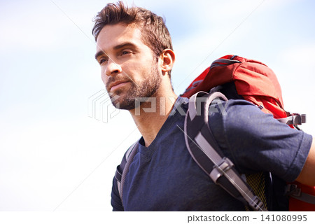 Man, hike and backpack for recreation in environment for nature and outdoor for fitness in summer. Young person and look with bag for active, walk and adventure for exercise and sport for trail Man, hike and backpack for recreation in environment for nature and outdoor for fitness in summer. Young person and look with bag for active, walk and adventure for exercise and sport for trail 141080995