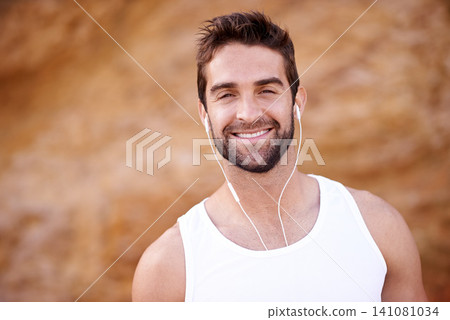 Fitness, headphones and portrait of man with smile for exercise, training and music for workout. Male person, earphones and face with happiness for audio, streaming or podcast for morning cardio Fitness, headphones and portrait of man with smile for exercise, training and music for workout. Male person, earphones and face with happiness for audio, streaming or podcast for morning cardio 141081034