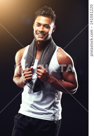 Fitness, portrait and happy man in studio with towel, confidence and workout for health, wellness and power. Smile, pride and strong athlete on black background for exercise, results and muscle Fitness, portrait and happy man in studio with towel, confidence and workout for health, wellness and power. Smile, pride and strong athlete on black background for exercise, results and muscle 141081220