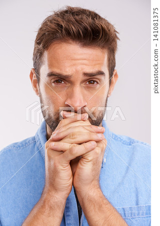 Anxiety, stress and man portrait in studio nervous for results, outcome or suspense on white background. Overwhelmed, worry and male model face with panic expression, overthinking or waiting gesture Anxiety, stress and man portrait in studio nervous for results, outcome or suspense on white background. Overwhelmed, worry and male model face with panic expression, overthinking or waiting gesture 141081375