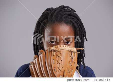 Sports, baseball and portrait of child on gray background with glove for training, practice and match. Fitness, youth and young boy with equipment for exercise, playing games and pitch in studio 141081413