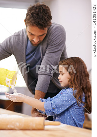 Father, kitchen and child hands baking, helping and dough with flour on counter table, parent together and smile. Family home, cooking activity and fun bonding for meal preparation with utensil Father, kitchen and child hands baking, helping and dough with flour on counter table, parent together and smile. Family home, cooking activity and fun bonding for meal preparation with utensil 141081428