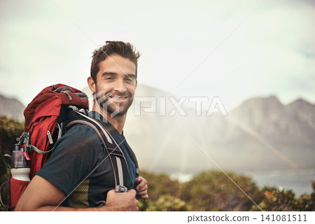 Man, hike and satisfied for adventure with backpack for fitness, workout and explore with hobby in Canada. Lens flare, portrait and smile in nature for healthy mind in woods and summer holiday Man, hike and satisfied for adventure with backpack for fitness, workout and explore with hobby in Canada. Lens flare, portrait and smile in nature for healthy mind in woods and summer holiday 141081511
