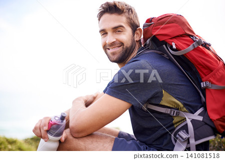 Man, hike and smile for adventure with water bottle or backpacker for fitness, workout and activity on mountain top. Portrait, happy and outdoor in nature for healthy mind in woods or forest. Man, hike and smile for adventure with water bottle or backpacker for fitness, workout and activity on mountain top. Portrait, happy and outdoor in nature for healthy mind in woods or forest. 141081518