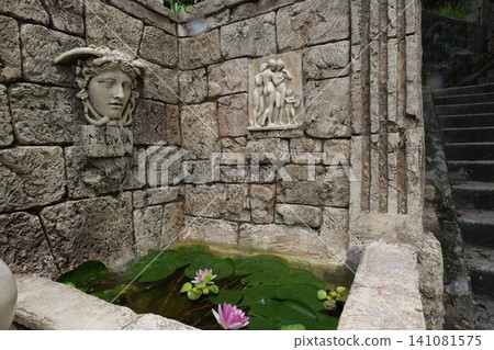 Ancient Roman Style Fountain with Stone Mask and Water Lily Ancient Roman Style Fountain with Stone Mask and Water Lily 141081575