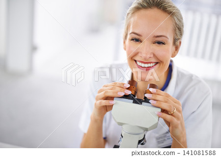 Happy woman, portrait and research scientist with microscope exam, test or scientific discovery at laboratory. Face of female person or medical expert with smile or scope for breakthrough in biology 141081588