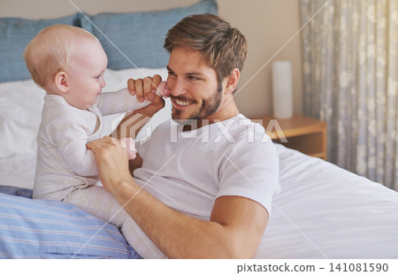 Family, playing and father with baby in bedroom for bonding, relationship and care for parenting. Happy, home and dad playing with newborn infant for child development, support and affection in house Family, playing and father with baby in bedroom for bonding, relationship and care for parenting. Happy, home and dad playing with newborn infant for child development, support and affection in house 141081590