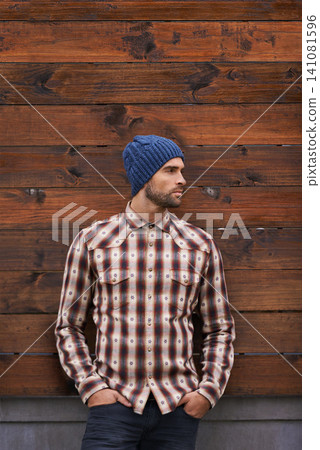 Fashion, man and thinking on wooden wall outdoor for trendy, cool and style for urban with idea. Male person, choice and planning for weekend or holiday with winter outfit and stylish in Germany Fashion, man and thinking on wooden wall outdoor for trendy, cool and style for urban with idea. Male person, choice and planning for weekend or holiday with winter outfit and stylish in Germany 141081596