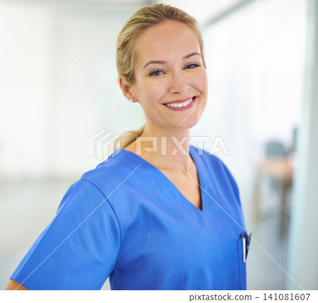 Portrait, healthcare and happy woman nurse in hospital for help, internship or friendly service. Health, face and female medical student at a clinic for emergency assistance, treatment or surgery 141081607