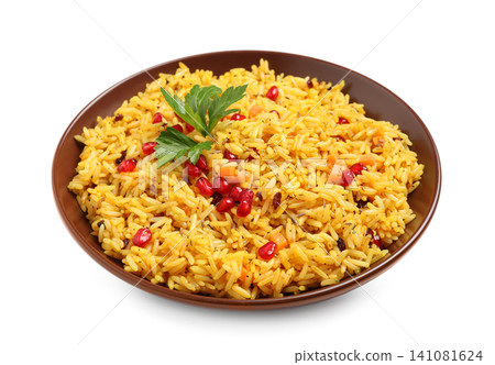 Tasty rice pilaf with pomegranate grains and parsley isolated on white Tasty rice pilaf with pomegranate grains and parsley isolated on white 141081624