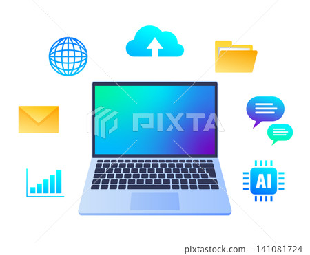 An illustration of a computer surrounded by icons such as cloud and AI. An illustration of a computer surrounded by icons such as cloud and AI. 141081724