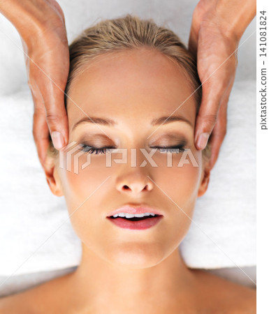 Resort, closeup or woman in head, massage or mental health as self care, relax or luxury wellness. Retreat, girl or hand in spa, therapy or zen of clinic, sleeping or peace on cosmetology table Resort, closeup or woman in head, massage or mental health as self care, relax or luxury wellness. Retreat, girl or hand in spa, therapy or zen of clinic, sleeping or peace on cosmetology table 141081824