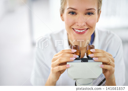 Happy woman, portrait and microscope for forensic science, biology or chemistry at clinic lab. Face of female person or medical research expert with smile for healthcare exam or experiment laboratory Happy woman, portrait and microscope for forensic science, biology or chemistry at clinic lab. Face of female person or medical research expert with smile for healthcare exam or experiment laboratory 141081837