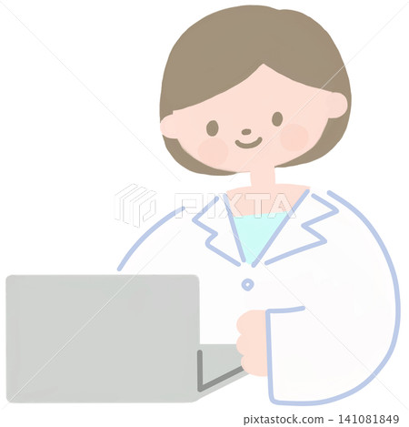 Illustration of a pharmacist using a computer Illustration of a pharmacist using a computer 141081849