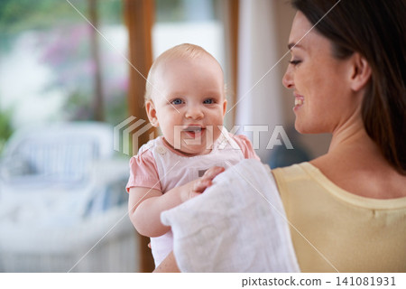Family, love and mother with baby in home for bonding, relationship and care for motherhood. Happy, portrait and mom carrying newborn infant for child development, support and affection in house Family, love and mother with baby in home for bonding, relationship and care for motherhood. Happy, portrait and mom carrying newborn infant for child development, support and affection in house 141081931