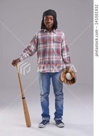 Baseball, portrait and child in a studio with game, sport and fitness gear with a kid. Youth, equipment and African boy with modern and casual fashion with workout glove and teen with grey background Baseball, portrait and child in a studio with game, sport and fitness gear with a kid. Youth, equipment and African boy with modern and casual fashion with workout glove and teen with grey background 141081932