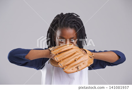 Sports, baseball glove and portrait of child on gray background for training, practice and match. Fitness, youth and young African boy with equipment for exercise, playing games and pitch in studio Sports, baseball glove and portrait of child on gray background for training, practice and match. Fitness, youth and young African boy with equipment for exercise, playing games and pitch in studio 141081937
