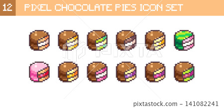 Pixel Art Chocolate Pies Icon Set. 8bit Cute Layered Cake Slices with Cream, Matcha, Strawberry and Caramel, Retro Bakery Stickers and Sprites Pixel Art Chocolate Pies Icon Set. 8bit Cute Layered Cake Slices with Cream, Matcha, Strawberry and Caramel, Retro Bakery Stickers and Sprites 141082241