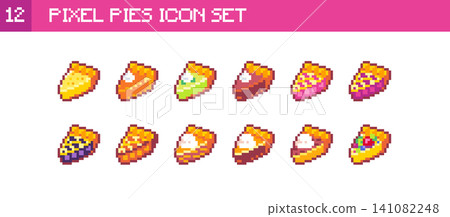 Pixel Art Pies Icon Set. 8bit Cute Fruit Tart Slices with Cream, Berries and Lattice Crust, Retro Bakery Stickers, Sprites and Badges Pixel Art Pies Icon Set. 8bit Cute Fruit Tart Slices with Cream, Berries and Lattice Crust, Retro Bakery Stickers, Sprites and Badges 141082248