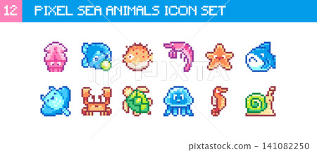 Pixel Art Sea Animals Icon Set. 8bit Cute Ocean Creatures with Shark, Whale, Crab, Turtle and Jellyfish, Retro Marine Stickers and Sprites Pixel Art Sea Animals Icon Set. 8bit Cute Ocean Creatures with Shark, Whale, Crab, Turtle and Jellyfish, Retro Marine Stickers and Sprites 141082250