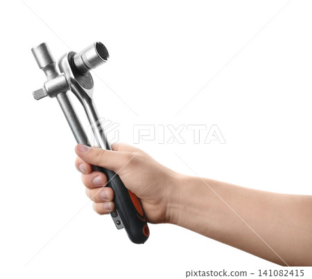 Auto mechanic holding different wrenches isolated on white, closeup Auto mechanic holding different wrenches isolated on white, closeup 141082415
