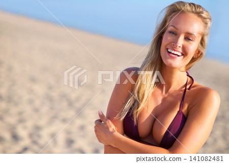 Happy, portrait and woman on beach with bikini on summer vacation for travel or tourism on coastline in Indonesia. Female person, holiday and relax for peace or sunshine, adventure and leisure. Happy, portrait and woman on beach with bikini on summer vacation for travel or tourism on coastline in Indonesia. Female person, holiday and relax for peace or sunshine, adventure and leisure. 141082481