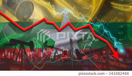 Fall oil price with Burmese flag on economic chart. Petrol crisis with Myanmar flag on financial graph Fall oil price with Burmese flag on economic chart. Petrol crisis with Myanmar flag on financial graph 141082498