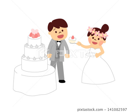 The bride feeds the groom the wedding cake. The bride feeds the groom the wedding cake. 141082597