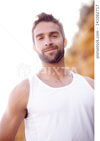 Man, runner and portrait for outdoor workout, sports and nature for cardio or train for marathon. Male person, happy and fitness on mountain for performance challenge, athlete and exercise for race 141082717