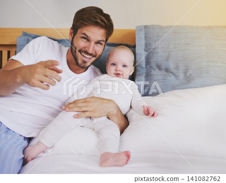 Family, bedroom and portrait of father with baby for bonding, relationship and love for parenting. Happy, home and dad relax with newborn infant for child development, support and care in house Family, bedroom and portrait of father with baby for bonding, relationship and love for parenting. Happy, home and dad relax with newborn infant for child development, support and care in house 141082762