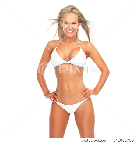 Happy woman, pose in bikini and portrait with body, confidence for fitness and health, beach wear and summer fashion. Swimsuit, underwear and slim model with smile isolated on white background Happy woman, pose in bikini and portrait with body, confidence for fitness and health, beach wear and summer fashion. Swimsuit, underwear and slim model with smile isolated on white background 141082799
