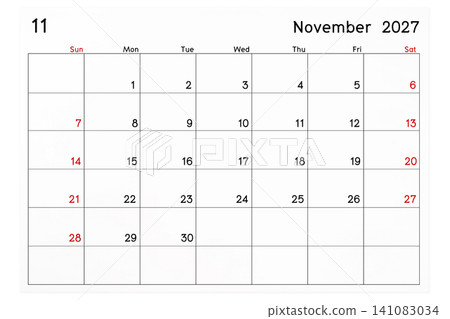 Calendar November 2027 page isolated on white, Save clipping path Calendar November 2027 page isolated on white, Save clipping path 141083034