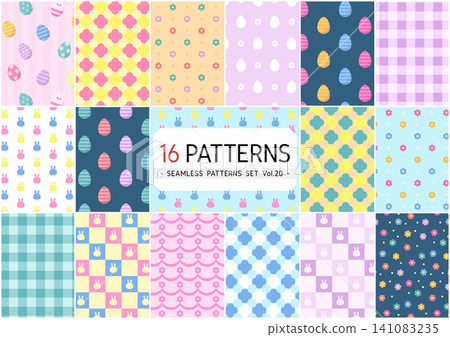 A set of 16 adorable spring seamless patterns featuring Easter eggs and bunnies. A set of 16 adorable spring seamless patterns featuring Easter eggs and bunnies. 141083235