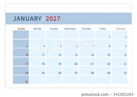 Calendar page for January 2027 year isolated on white background, Save clipping path. Calendar page for January 2027 year isolated on white background, Save clipping path. 141083265
