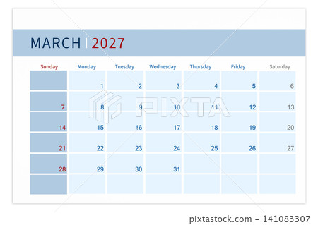 Calendar page for March 2027 year isolated on white background, Save clipping path. Calendar page for March 2027 year isolated on white background, Save clipping path. 141083307