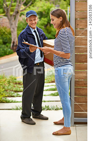 Package, clipboard and deliveryman with woman at her home gate for ecommerce shipping parcel. Outdoor, order and courier driver with cardboard box with female person for signature at house entrance. Package, clipboard and deliveryman with woman at her home gate for ecommerce shipping parcel. Outdoor, order and courier driver with cardboard box with female person for signature at house entrance. 141083386