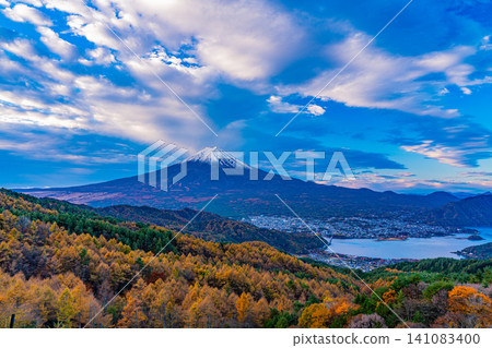 [Yamanashi Prefecture] Larch trees in autumn colors and Mount Fuji 141083400
