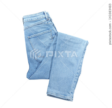 New stylish jeans isolated on white, top view New stylish jeans isolated on white, top view 141083483