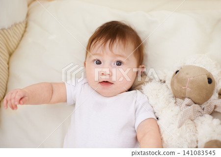 Baby, bed and portrait with sheep in home, above and healthy with growth, development and wellness in morning. Infant, child and newborn with lamb doll, soft toys and relax in nursery at family house Baby, bed and portrait with sheep in home, above and healthy with growth, development and wellness in morning. Infant, child and newborn with lamb doll, soft toys and relax in nursery at family house 141083545