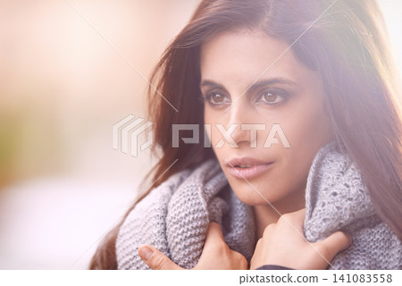 Woman, cozy and fashion with scarf, cold and winter for comfort and warm. Designer, gen z and urban with trendy, style and autumn jacket with knit clothing and attitude for cool weather or relaxation Woman, cozy and fashion with scarf, cold and winter for comfort and warm. Designer, gen z and urban with trendy, style and autumn jacket with knit clothing and attitude for cool weather or relaxation 141083558