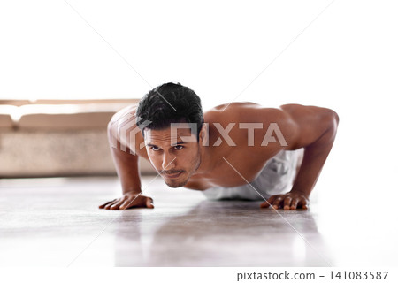 Man, push up and exercise workout for gym challenge with healthy performance, wellness or muscle. Male person, arms and sports training for calisthenics routine or physical activity, chore or warm up Man, push up and exercise workout for gym challenge with healthy performance, wellness or muscle. Male person, arms and sports training for calisthenics routine or physical activity, chore or warm up 141083587