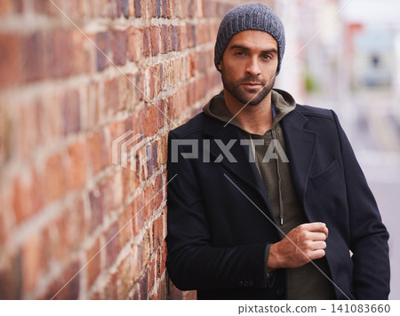 Man, portrait and urban style by brick wall downtown for aesthetic, modern and vacation for city culture. Male person, trendy winter outfit for streetwear fashion for creative career in New York Man, portrait and urban style by brick wall downtown for aesthetic, modern and vacation for city culture. Male person, trendy winter outfit for streetwear fashion for creative career in New York 141083660