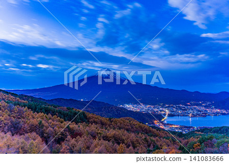 [Yamanashi Prefecture] Larch trees in autumn colors and Mt. Fuji at dawn 141083666