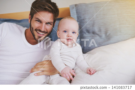 Bedroom, happy and portrait of father with baby for bonding, relationship and love for parenting. Family, home and dad with newborn infant on bed for child development, support and childcare in house Bedroom, happy and portrait of father with baby for bonding, relationship and love for parenting. Family, home and dad with newborn infant on bed for child development, support and childcare in house 141083717