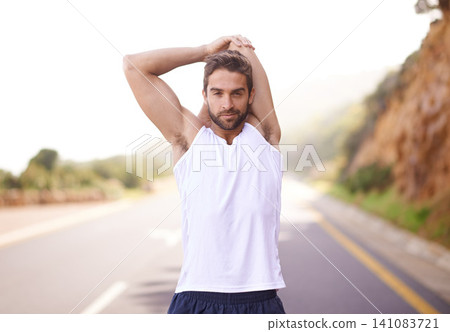 Road, workout and stretching of man, smile and training for energy in nature of city of Cape Town. Adult, male person or runner ready for sport with exercise to relax, wellness and healthy for body Road, workout and stretching of man, smile and training for energy in nature of city of Cape Town. Adult, male person or runner ready for sport with exercise to relax, wellness and healthy for body 141083721