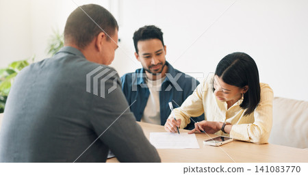 Paperwork, signature and couple with financial advisor in house for terms and conditions on home loan. Documents, offer and accountant with people for savings or investment planning in apartment. Paperwork, signature and couple with financial advisor in house for terms and conditions on home loan. Documents, offer and accountant with people for savings or investment planning in apartment. 141083770