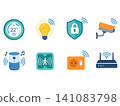 Smart home devices icon set including smart thermostat, smart light bulb, security shield, wireless CCTV camera, smart speaker, motion sensor, smart power socket, and WiFi router. Flat vector illustra 141083798